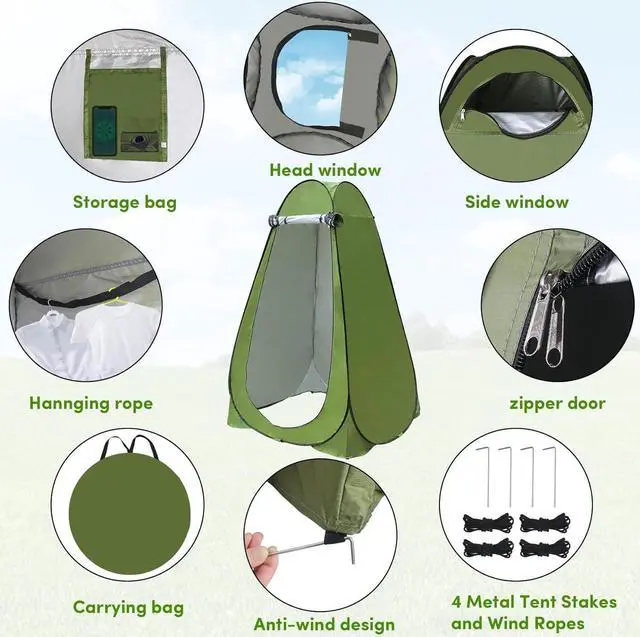 Alt view image 4 of 6 - Pop Up Privacy Tent Camping Shower Tent, Instant Tent Easy Set Up and Foldable, Pop Up Shower Tent Changing Tent Privacy Tent for Portable Toilet, Hiking, Fishing, Beach, Washing, Green