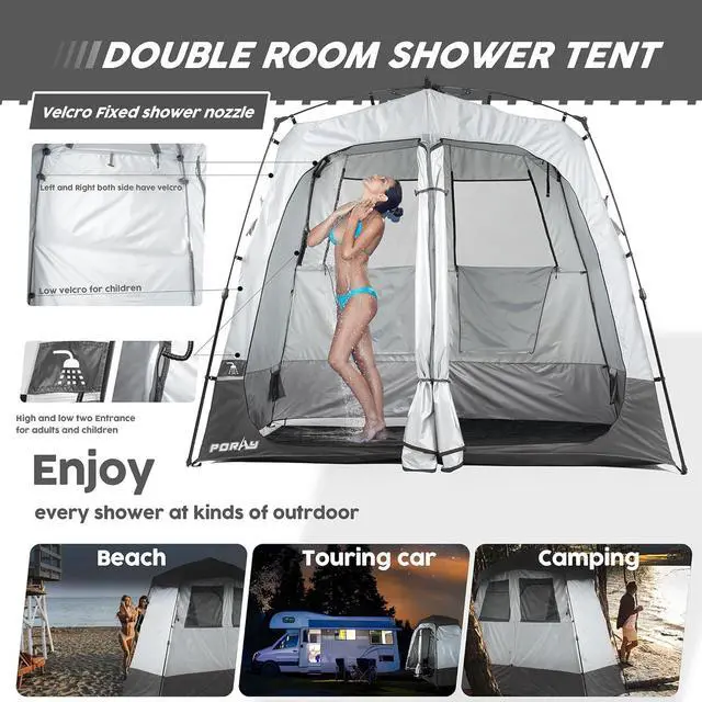 Alt view image 2 of 7 - Camping Shower Tent Deluxe Changing Room Easy Set Up Privacy Shelter,Large Toilet Tent 2 Rooms with Floor Drain Design for Beach, Camping,Hiking with Stakes and Ropes for Stability