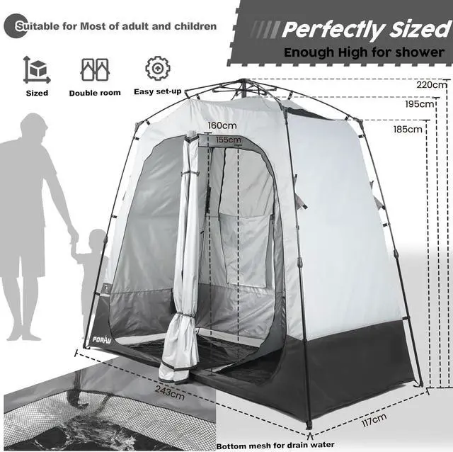 Alt view image 3 of 7 - Camping Shower Tent Deluxe Changing Room Easy Set Up Privacy Shelter,Large Toilet Tent 2 Rooms with Floor Drain Design for Beach, Camping,Hiking with Stakes and Ropes for Stability