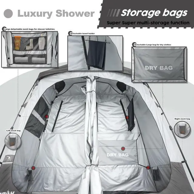 Alt view image 4 of 7 - Camping Shower Tent Deluxe Changing Room Easy Set Up Privacy Shelter,Large Toilet Tent 2 Rooms with Floor Drain Design for Beach, Camping,Hiking with Stakes and Ropes for Stability