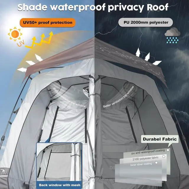 Alt view image 5 of 7 - Camping Shower Tent Deluxe Changing Room Easy Set Up Privacy Shelter,Large Toilet Tent 2 Rooms with Floor Drain Design for Beach, Camping,Hiking with Stakes and Ropes for Stability