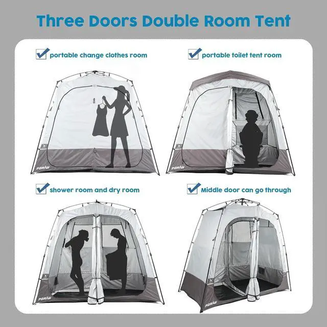 Alt view image 6 of 7 - Camping Shower Tent Deluxe Changing Room Easy Set Up Privacy Shelter,Large Toilet Tent 2 Rooms with Floor Drain Design for Beach, Camping,Hiking with Stakes and Ropes for Stability