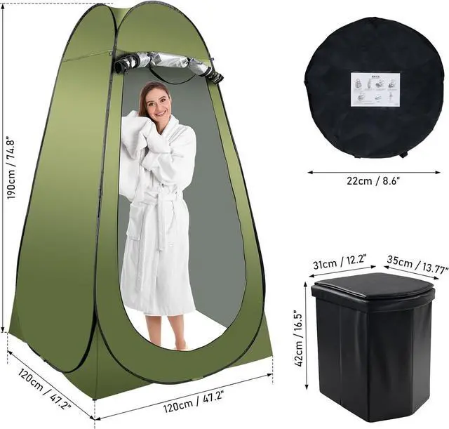 Alt view image 7 of 7 - Portable Camping Toilet Kit for Adults, Pop up Privacy Tent, X Large Folding Toilet Potty with Camping Tent, Outdoor Instant Shower Tent Camp Toilet Changing Dressing Room (Green)