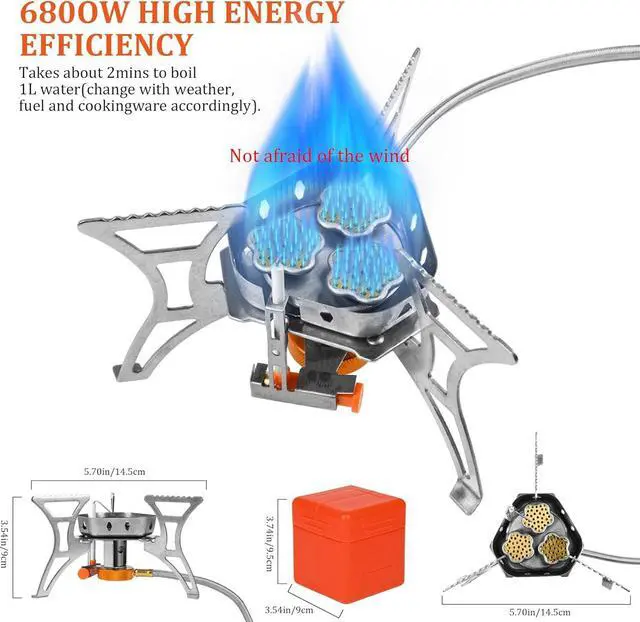 Alt view image 2 of 7 - 6800W Camping Backpacking Stove, Outdoor Portable Burner Cooking Stove with Fuel Canister Adapter, Piezo Ignition, Carry Case, Foldable Windproof Camping Gas Stove for Picnic Hiking