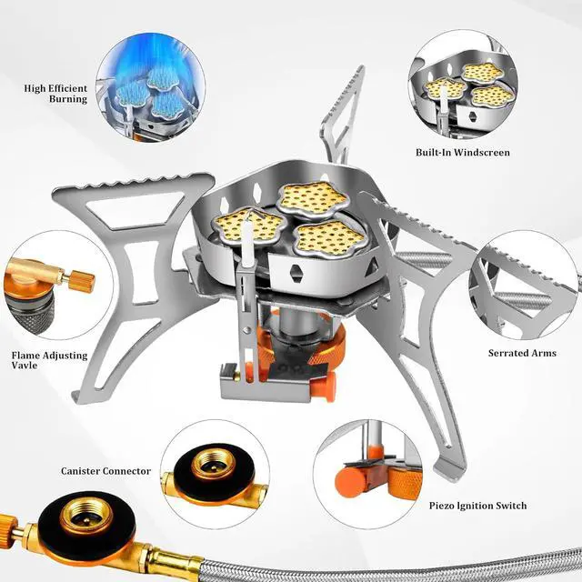 Alt view image 4 of 7 - 6800W Camping Backpacking Stove, Outdoor Portable Burner Cooking Stove with Fuel Canister Adapter, Piezo Ignition, Carry Case, Foldable Windproof Camping Gas Stove for Picnic Hiking