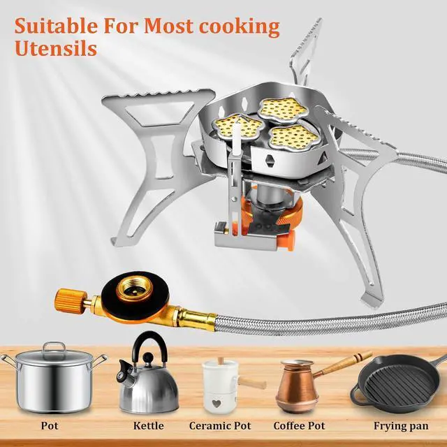 Alt view image 3 of 7 - 6800W Camping Backpacking Stove, Outdoor Portable Burner Cooking Stove with Fuel Canister Adapter, Piezo Ignition, Carry Case, Foldable Windproof Camping Gas Stove for Picnic Hiking