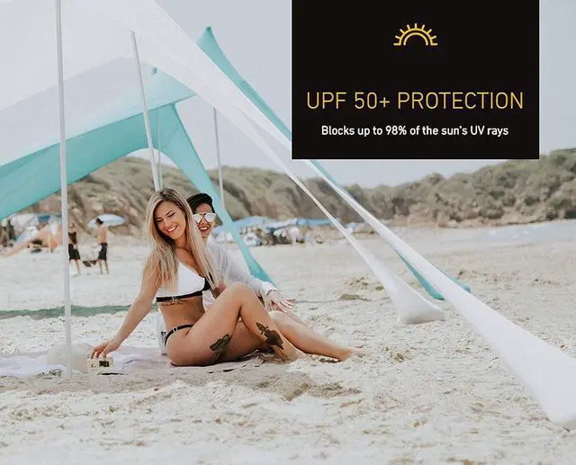 Alt view image 4 of 7 - Beach Shade Sun Shelter by Skybed with Built-in Sand Bags - Lightweight, Durable, Small Pack Size - Fits in Carry-On Luggage - Easy, Simple Setup (Large (7'x7' - 70" Poles), Sand Dollar)
