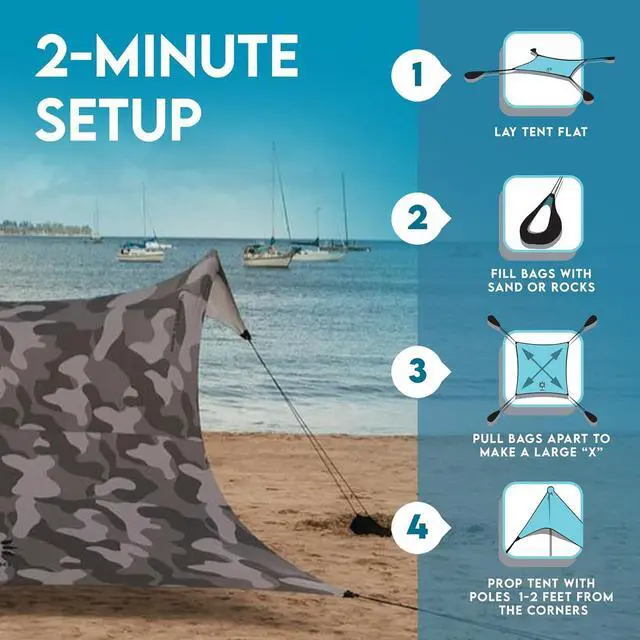 Alt view image 5 of 7 - Neso Gigante - Portable Beach Tent - Ideal to Enjoy with Family and Friends - UPF 50+, Water-Resistant, and Lightweight - Grey Camo, 11' x 11'