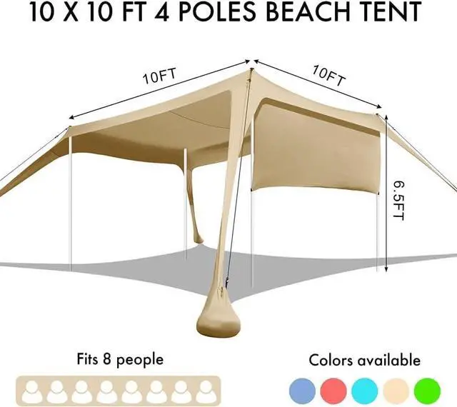 Alt view image 4 of 5 - Beach Sunshade with Side Wall Shade Windproof Design,Sun Shelter UPF50+ Portable Family Canopy Tent Anchors 10x10 FT 4 Poles Pop Up Outdoor Shelter for Beach,Backyard and Picnics