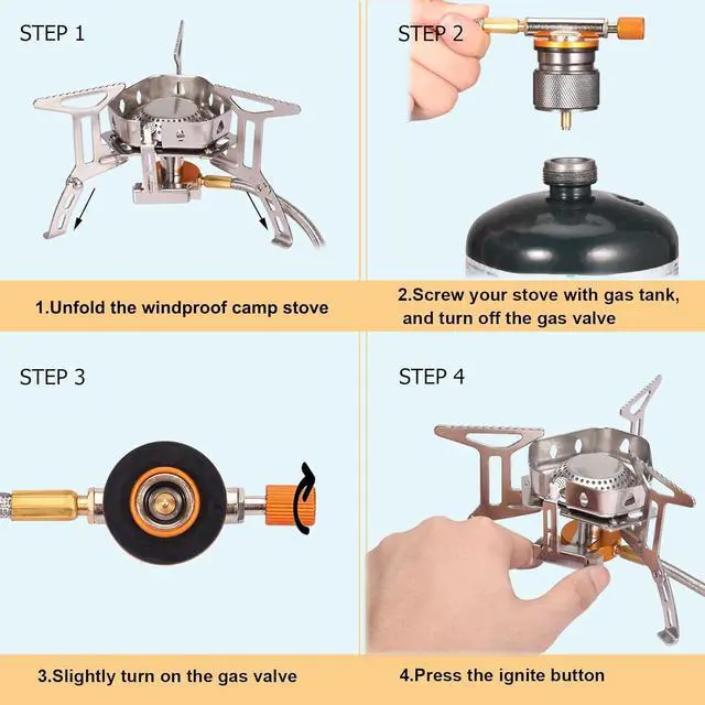 Alt view image 5 of 7 - Portable Backpacking Stove with Piezo Ignition Windproof Camping Gas Stove Camp Stove Foldable Burner with Propane Canister Adapter for Outdoor Camping Hiking Picnic