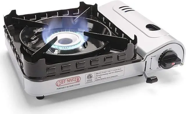 Main image of Portable Butane Camping Stove, Piezo Click Ignition, 15,000 BTU Output, Double Wind-Guard Portable Stove Burner for Emergency, Tailgating, Hiking, Backpacking, Camping Essentials by Chef Master #90019