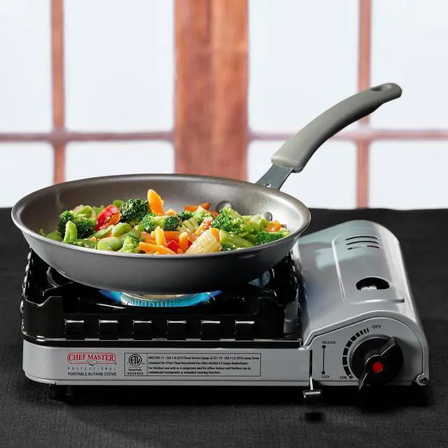 Alt view image 2 of 6 - Portable Butane Camping Stove, Piezo Click Ignition, 15,000 BTU Output, Double Wind-Guard Portable Stove Burner for Emergency, Tailgating, Hiking, Backpacking, Camping Essentials by Chef Master #90019
