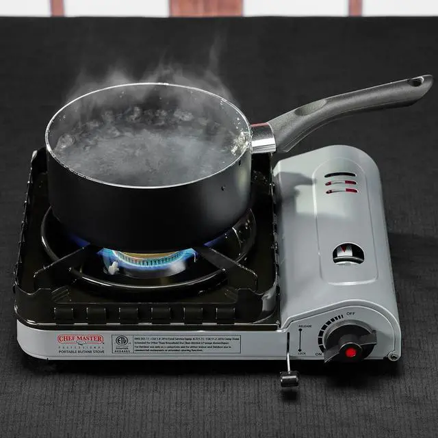 Alt view image 3 of 6 - Portable Butane Camping Stove, Piezo Click Ignition, 15,000 BTU Output, Double Wind-Guard Portable Stove Burner for Emergency, Tailgating, Hiking, Backpacking, Camping Essentials by Chef Master #90019