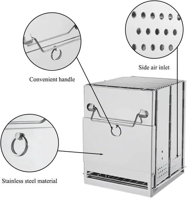 Alt view image 4 of 7 - Camping Wood Burning Stove with Grill, Collapsible Backpacking Survival Rocket Stove Stainless Steel Campfire Stove for Outdoor Cooking Picnic Hiking BBQ (Sliver-Small)