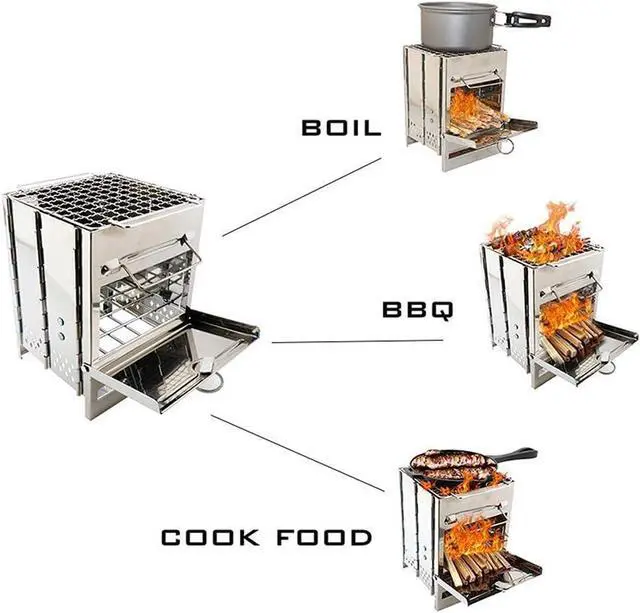 Alt view image 7 of 7 - Camping Wood Burning Stove with Grill, Collapsible Backpacking Survival Rocket Stove Stainless Steel Campfire Stove for Outdoor Cooking Picnic Hiking BBQ (Sliver-Small)