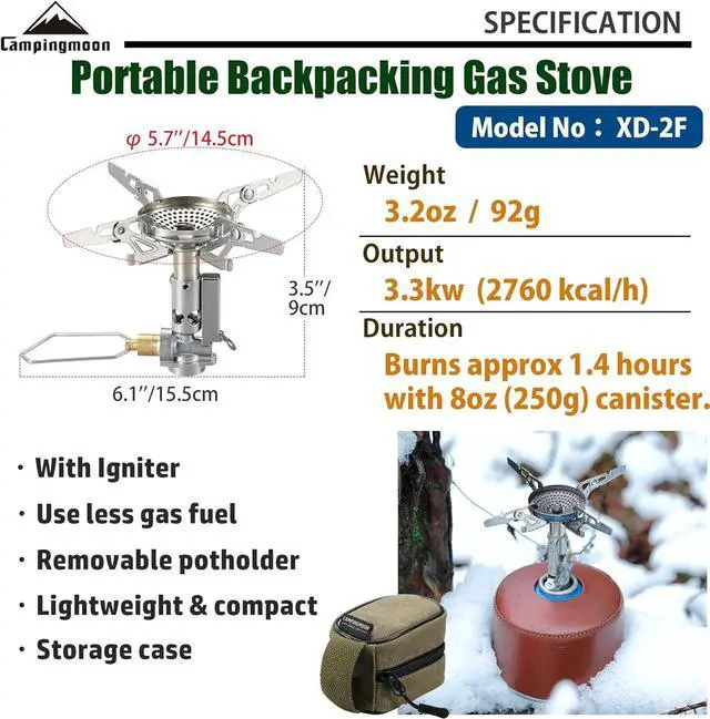 Alt view image 2 of 7 - CAMPINGMOON Canister Top Stove Portable Compact Foldable w/Micro Regulator w/4Flex w/igniter XD-2F (Silver)