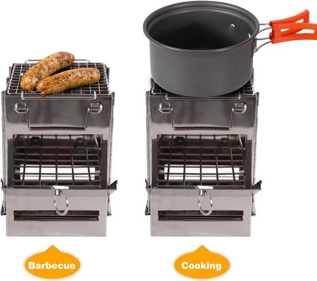 Alt view image 2 of 7 - Portable Folding Camping Wood Stove for Outdoor Cooking, Lightweight Stainless Steel Wood Burning Camp Stove with Grill for Backpacking BBQ Picnic, Small