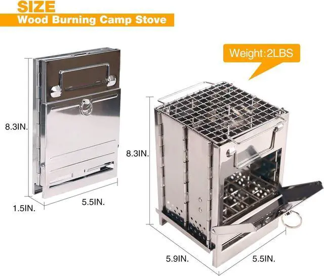 Alt view image 3 of 7 - Portable Folding Camping Wood Stove for Outdoor Cooking, Lightweight Stainless Steel Wood Burning Camp Stove with Grill for Backpacking BBQ Picnic, Small