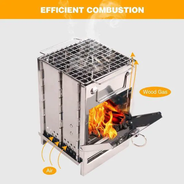 Alt view image 4 of 7 - Portable Folding Camping Wood Stove for Outdoor Cooking, Lightweight Stainless Steel Wood Burning Camp Stove with Grill for Backpacking BBQ Picnic, Small