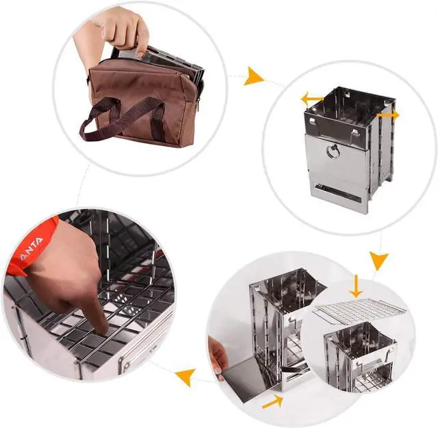 Alt view image 6 of 7 - Portable Folding Camping Wood Stove for Outdoor Cooking, Lightweight Stainless Steel Wood Burning Camp Stove with Grill for Backpacking BBQ Picnic, Small