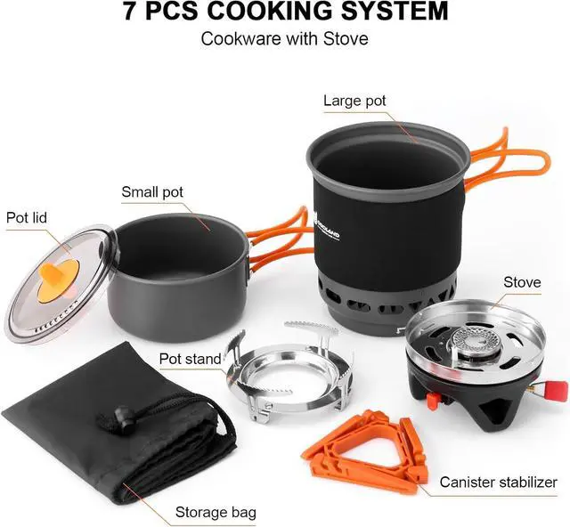 Alt view image 2 of 6 - Odoland Heat Exchange Camping Pot with Backpacking Stove 7-in-1 Camping Cookware Mess Kit for Hiking, Trekking, Fishing and Picnic