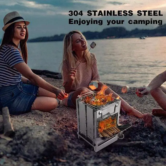 Alt view image 3 of 7 - Camping Wood Burning Stove with Grill, Collapsible Backpacking Survival Rocket Stove Stainless Steel Campfire Stove for Outdoor Cooking Picnic Hiking BBQ (Sliver-Small)