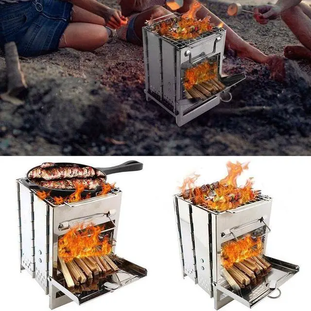 Alt view image 6 of 7 - Camping Wood Burning Stove with Grill, Collapsible Backpacking Survival Rocket Stove Stainless Steel Campfire Stove for Outdoor Cooking Picnic Hiking BBQ (Sliver-Small)