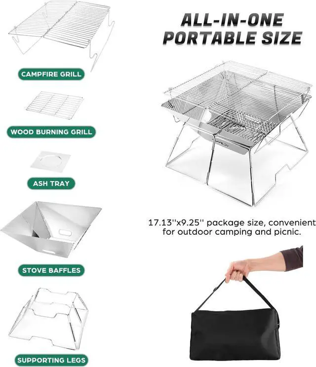Alt view image 2 of 7 - Odoland Folding Campfire Grill, 304 Stainless Steel Grate Barbeque Grill, Portable Camping Grill with Legs for Picnics, Backpacking, Outdoor with Carrying Bag and Kitchen Tongs