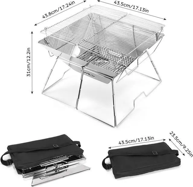 Alt view image 3 of 7 - Odoland Folding Campfire Grill, 304 Stainless Steel Grate Barbeque Grill, Portable Camping Grill with Legs for Picnics, Backpacking, Outdoor with Carrying Bag and Kitchen Tongs