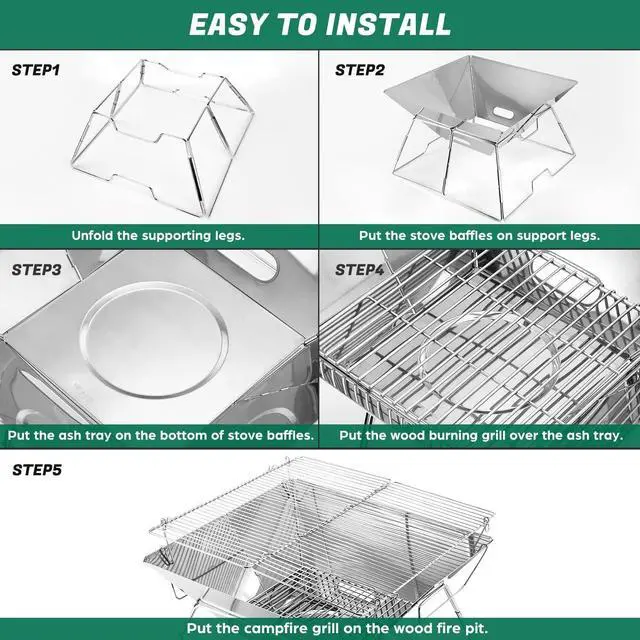 Alt view image 5 of 7 - Odoland Folding Campfire Grill, 304 Stainless Steel Grate Barbeque Grill, Portable Camping Grill with Legs for Picnics, Backpacking, Outdoor with Carrying Bag and Kitchen Tongs