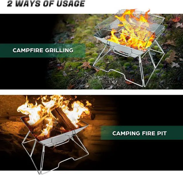 Alt view image 6 of 7 - Odoland Folding Campfire Grill, 304 Stainless Steel Grate Barbeque Grill, Portable Camping Grill with Legs for Picnics, Backpacking, Outdoor with Carrying Bag and Kitchen Tongs
