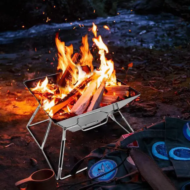Alt view image 7 of 7 - Odoland Folding Campfire Grill, 304 Stainless Steel Grate Barbeque Grill, Portable Camping Grill with Legs for Picnics, Backpacking, Outdoor with Carrying Bag and Kitchen Tongs