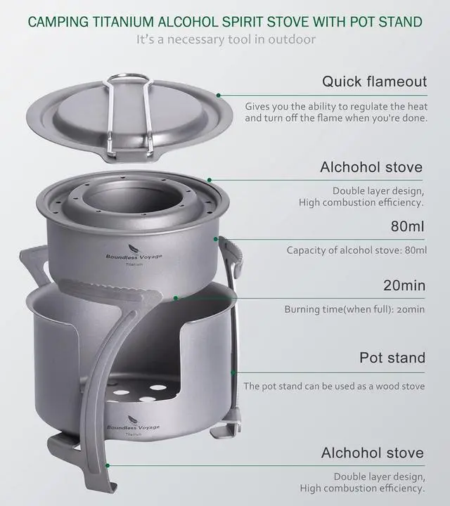 Alt view image 4 of 7 - Boundless Voyage Titanium Alcohol Stove Spirit Burner with Fire Cover Outdoor Wood Stove with Stands Brackets Camping Multi-Fuels Ultralight Backpacking Stove (Stove & Bracket Set)