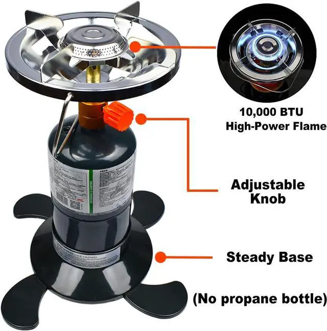 Alt view image 3 of 7 - Propane Stove Portable Camping Gas Stove 10,000 BTU Bottletop Single Adjustable Burner with 1 lb Tank Base Carrying Case Great for Backpacking Emergencies Outdoor