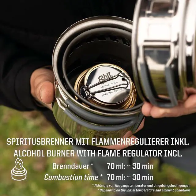 Alt view image 5 of 7 - Esbit CS985HA 5-Piece Lightweight Trekking Cook Set with Brass Alcohol Burner Stove