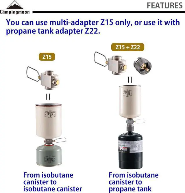 Main image of camping moon Butane to Propane Gas Refill Adapter and LPG Propane Adapter (Isobutane gas to 1lb propane tank (Z15/Z22))