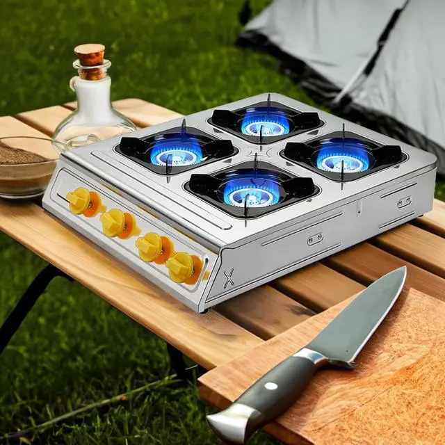 Alt view image 3 of 6 - Vivicreate Camping 40000 BTU 4 burner auto ignition Propane Gas Outdoor Garden Fishing Hiking Camp Restaurant Stove Burner (Brass)