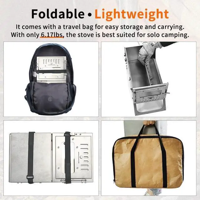 Alt view image 2 of 5 - MC TOMOUNT Titanium Folding Tent Stove Wood Burning Stove Ultralight 1mm Thick Plate for Backpacking Camping Hunting Pipe Included