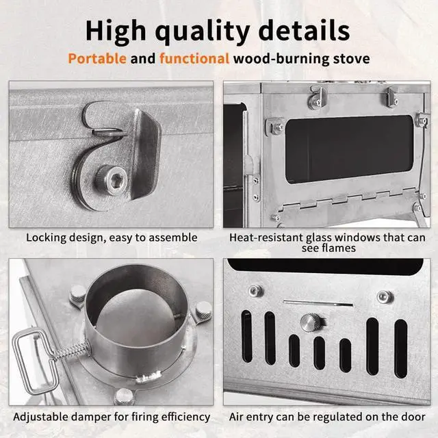 Alt view image 3 of 5 - MC TOMOUNT Titanium Folding Tent Stove Wood Burning Stove Ultralight 1mm Thick Plate for Backpacking Camping Hunting Pipe Included