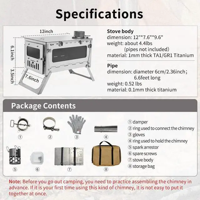 Alt view image 4 of 5 - MC TOMOUNT Titanium Folding Tent Stove Wood Burning Stove Ultralight 1mm Thick Plate for Backpacking Camping Hunting Pipe Included