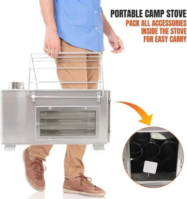 Alt view image 3 of 7 - Fitinhot Tent Stove, Portable Camping Wood Burning Stoves Stainless Steel with Chimney Pipes for Outdoor Cookout, Hiking, Travel, Backpacking Trips (Silver)