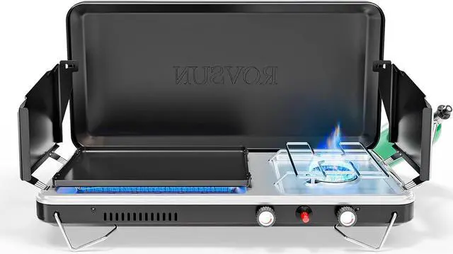 Main image of ROVSUN 2-in-1 Portable Camping Stove & Propane Grill with Enamel Griddle & Piezo Igniter, Tabletop Camp Stove with Built-in Handle, Wind Panel & Regulator for Camping, Tailgating, Grilling (Black)