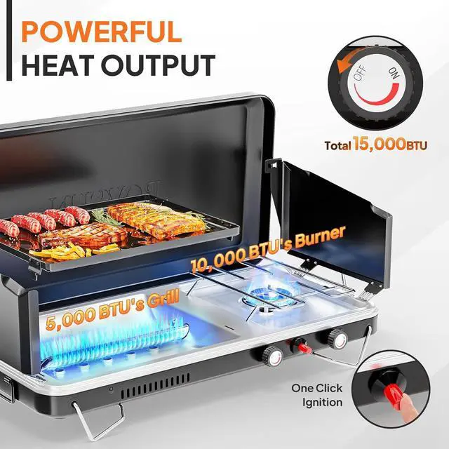 Alt view image 2 of 7 - ROVSUN 2-in-1 Portable Camping Stove & Propane Grill with Enamel Griddle & Piezo Igniter, Tabletop Camp Stove with Built-in Handle, Wind Panel & Regulator for Camping, Tailgating, Grilling (Black)