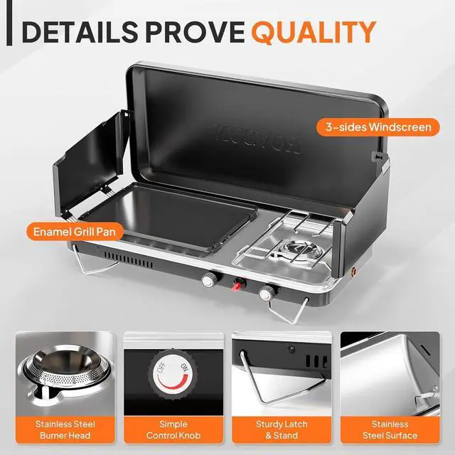 Alt view image 4 of 7 - ROVSUN 2-in-1 Portable Camping Stove & Propane Grill with Enamel Griddle & Piezo Igniter, Tabletop Camp Stove with Built-in Handle, Wind Panel & Regulator for Camping, Tailgating, Grilling (Black)