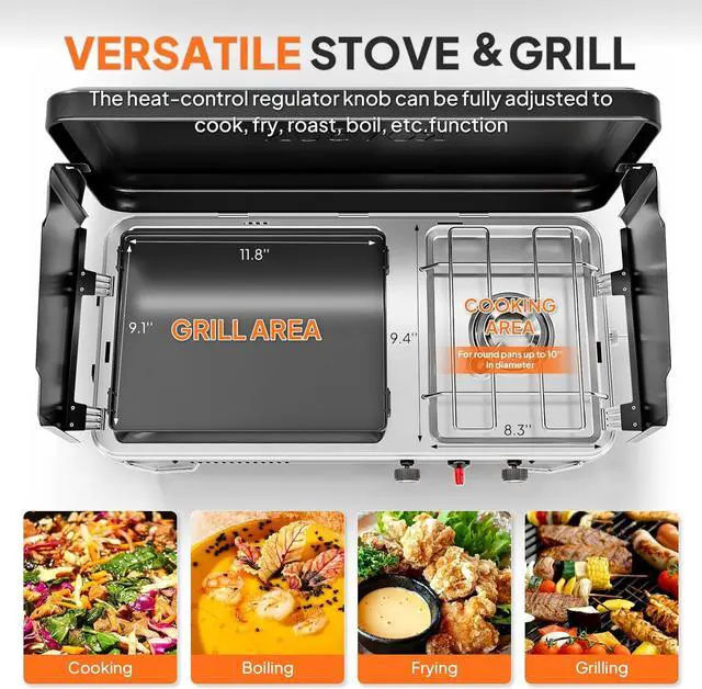 Alt view image 3 of 7 - ROVSUN 2-in-1 Portable Camping Stove & Propane Grill with Enamel Griddle & Piezo Igniter, Tabletop Camp Stove with Built-in Handle, Wind Panel & Regulator for Camping, Tailgating, Grilling (Black)