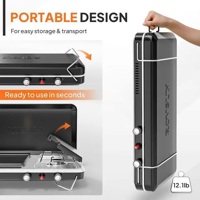 Alt view image 5 of 7 - ROVSUN 2-in-1 Portable Camping Stove & Propane Grill with Enamel Griddle & Piezo Igniter, Tabletop Camp Stove with Built-in Handle, Wind Panel & Regulator for Camping, Tailgating, Grilling (Black)