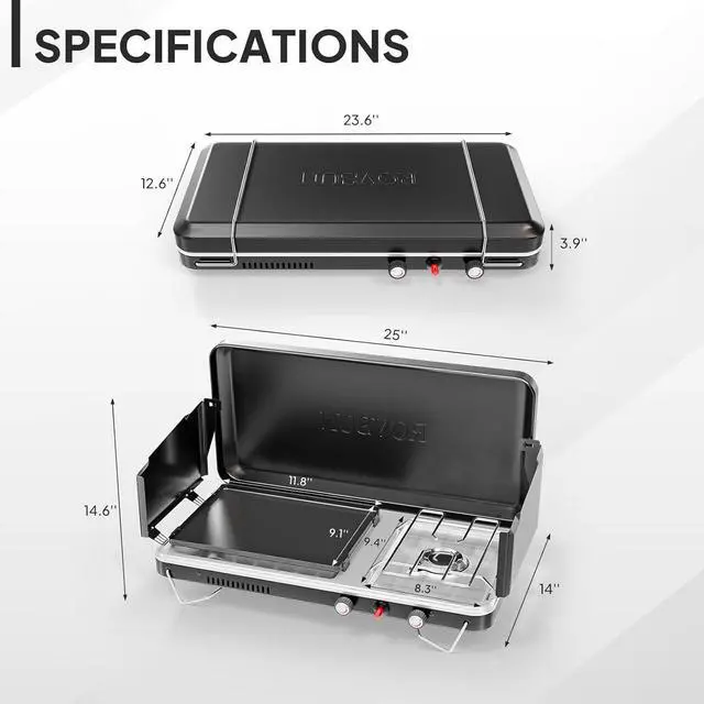 Alt view image 6 of 7 - ROVSUN 2-in-1 Portable Camping Stove & Propane Grill with Enamel Griddle & Piezo Igniter, Tabletop Camp Stove with Built-in Handle, Wind Panel & Regulator for Camping, Tailgating, Grilling (Black)