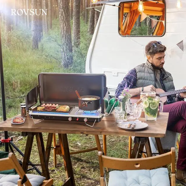 Alt view image 7 of 7 - ROVSUN 2-in-1 Portable Camping Stove & Propane Grill with Enamel Griddle & Piezo Igniter, Tabletop Camp Stove with Built-in Handle, Wind Panel & Regulator for Camping, Tailgating, Grilling (Black)