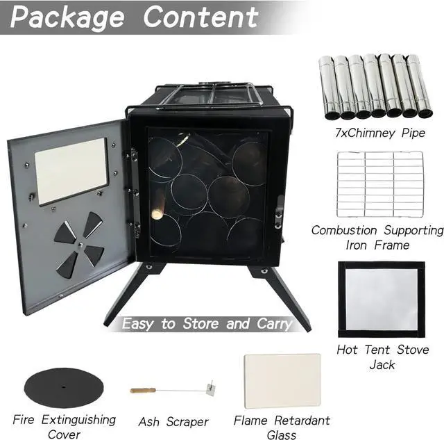 Alt view image 2 of 7 - HOPUBUY Wood Stove Hot Tent Stove, Portable Camping Wood Burning Stove for Outdoor Cooking, Small Wood Stove with 7 Stainless Chimney Pipes and Tent Stove Jack