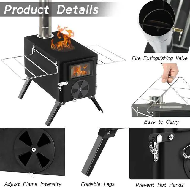 Alt view image 3 of 7 - HOPUBUY Wood Stove Hot Tent Stove, Portable Camping Wood Burning Stove for Outdoor Cooking, Small Wood Stove with 7 Stainless Chimney Pipes and Tent Stove Jack
